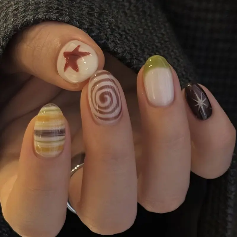 24PCS Press On Nails Stick On Nails Fake Nails Acrylic Nails Almond Shape Y2K Colorful Retro Pattern Star Swirl Stripe Design Glossy Finish Reusable Acrylic False Nails for Summer Party Daily Wear 1 Jelly Glue & 1 Nail File Fake Nails Kit