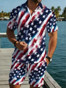 American Flag Pattern Men's Summer Set, Short Sleeve Shirt with Shorts, Casual Beach Wear, Trendy Graphic Two-Piece