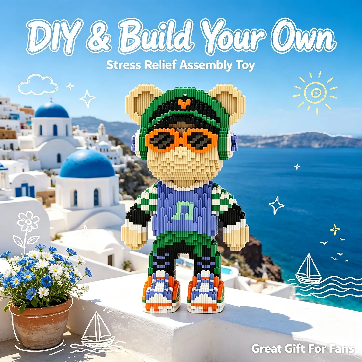 Coastal Hipster Bear 3D Puzzle Block Ornament, Home Office Decor, Party Decoration, Ideal Gift, Handmade Craft, Fine Carving, Lightweight Statue