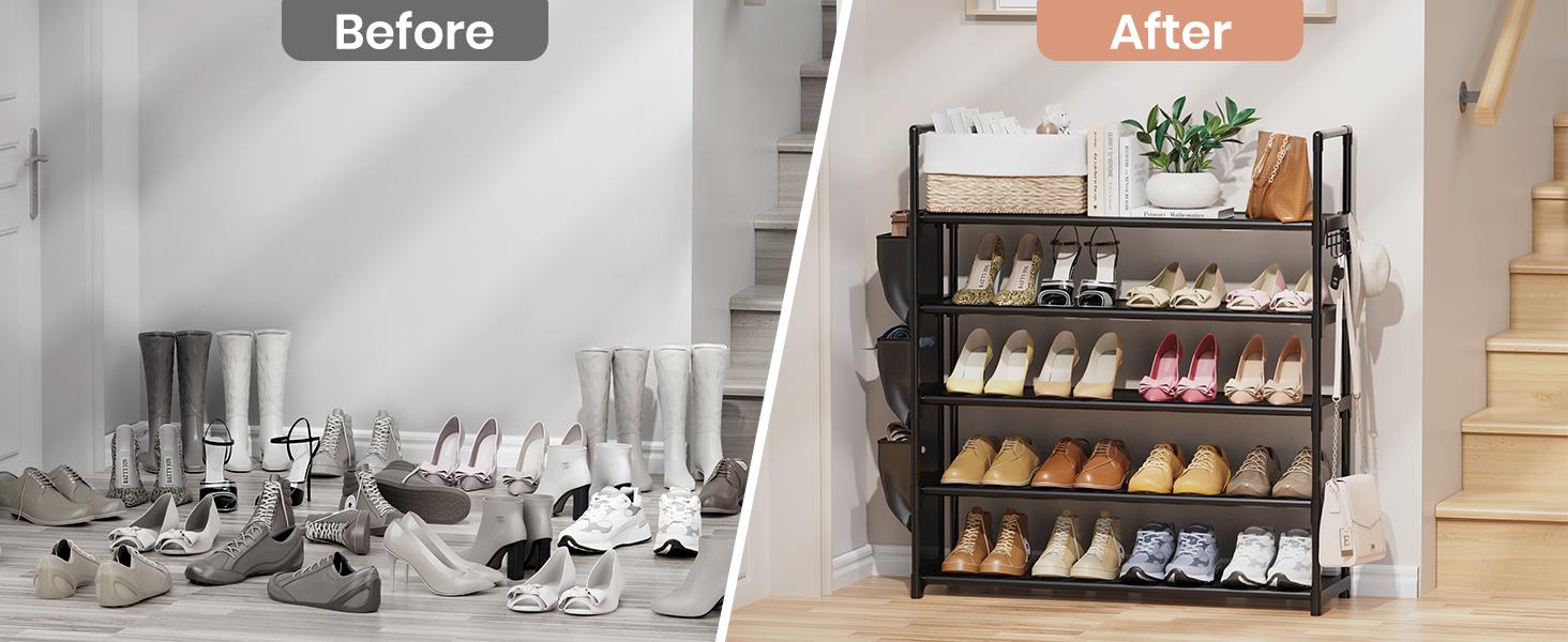 5 Tier Shoe Rack with Hook and Side Pocket,Shoe Organizer Space Saver Storage for 20-25 Pair Shoe Storage Shelf Sturdy Free Standing Long Shoe Rack Organizer for Closet,Entryway,Small Spaces