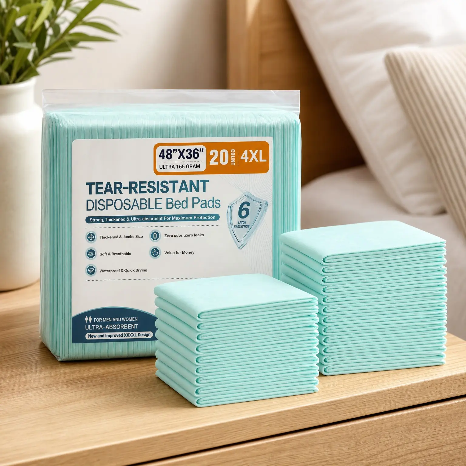 Tear-Resistant Disposable Bed Pads 48" x 36" 20 Count - Extra Large Heavy Duty Absorbency Incontinence Underpads for Adults, Elderly, and Puppy Training(Gift)