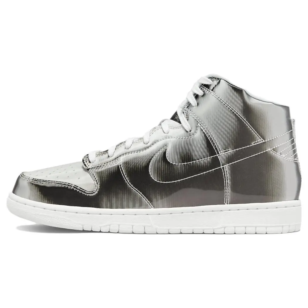 Nike x CLOT Dunk Flux High-Top Sneakers for Men and Women in Liquid Silver Verifiable, with credentials and supporting global authentication