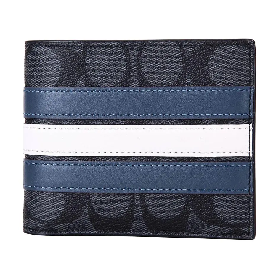 COACH 3-in-1 Wallet for Men – Canvas and Leather Foldover with Detachable Cardholder, Monogram Black/Blue-White Stripe