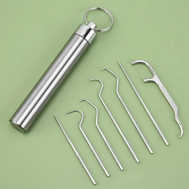 Stainless Steel Toothpick Pocket Set, 7 Counts Portable Dental Floss Pick, Teeth Cleaning Kit Keychain Design, Metal Toothpicks Oral Care Hygiene Products, Oral Care Tool