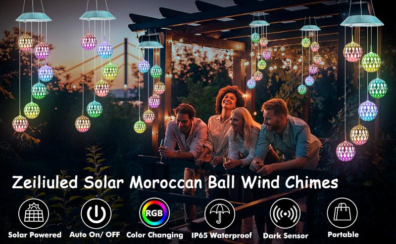 Solar-powered color-changing spherical lights, featuring a gold/silver Moroccan design, are outdoor waterproof 6-LED decorative lights, making them the perfect gift for mothers, wives, and daughters, suitable for porches, gardens, patios, and windows.
