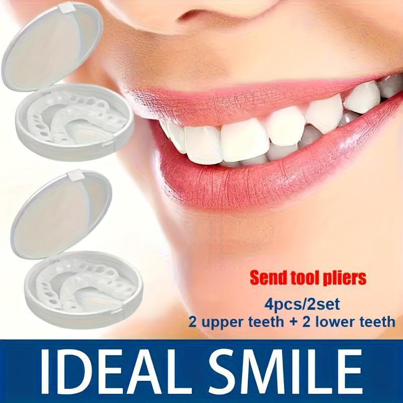 Instant Smile Teeth Fake Teeth for Cosplay Cosmetic Dental Veneers Braces + Case + Pliers Adjustable For Both Men And Women, Featuring A Plaid Design. The Whitening Effect Boosts Confidence.