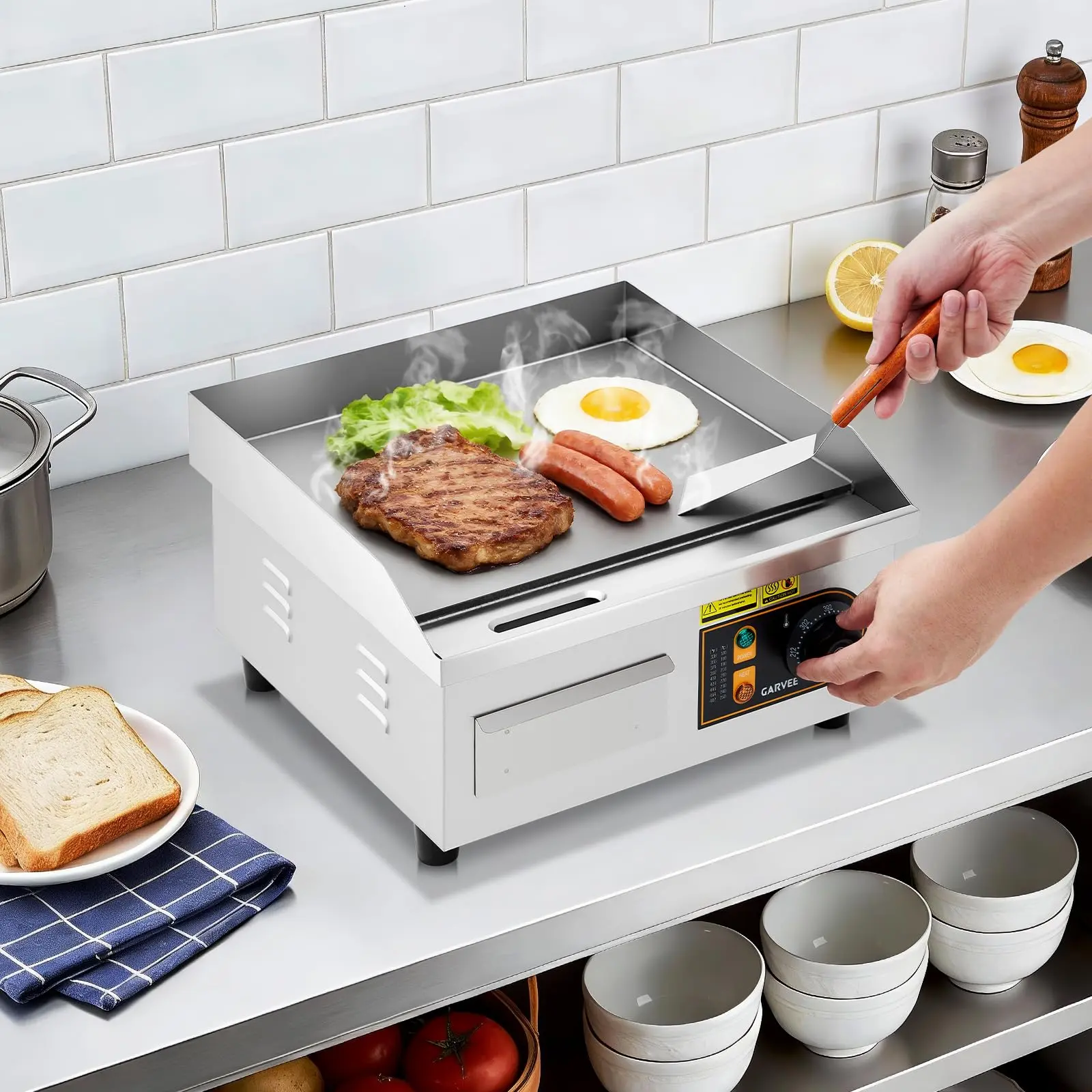 Commercial Electric Flat Top Griddles in 14in, 18in, and 22in Sizes with Non-Stick Stainless Steel Surface, Adjustable Temperature 122℉-572℉, Includes 2 Shovels and 2 Brushes for Home or Restaurant Use