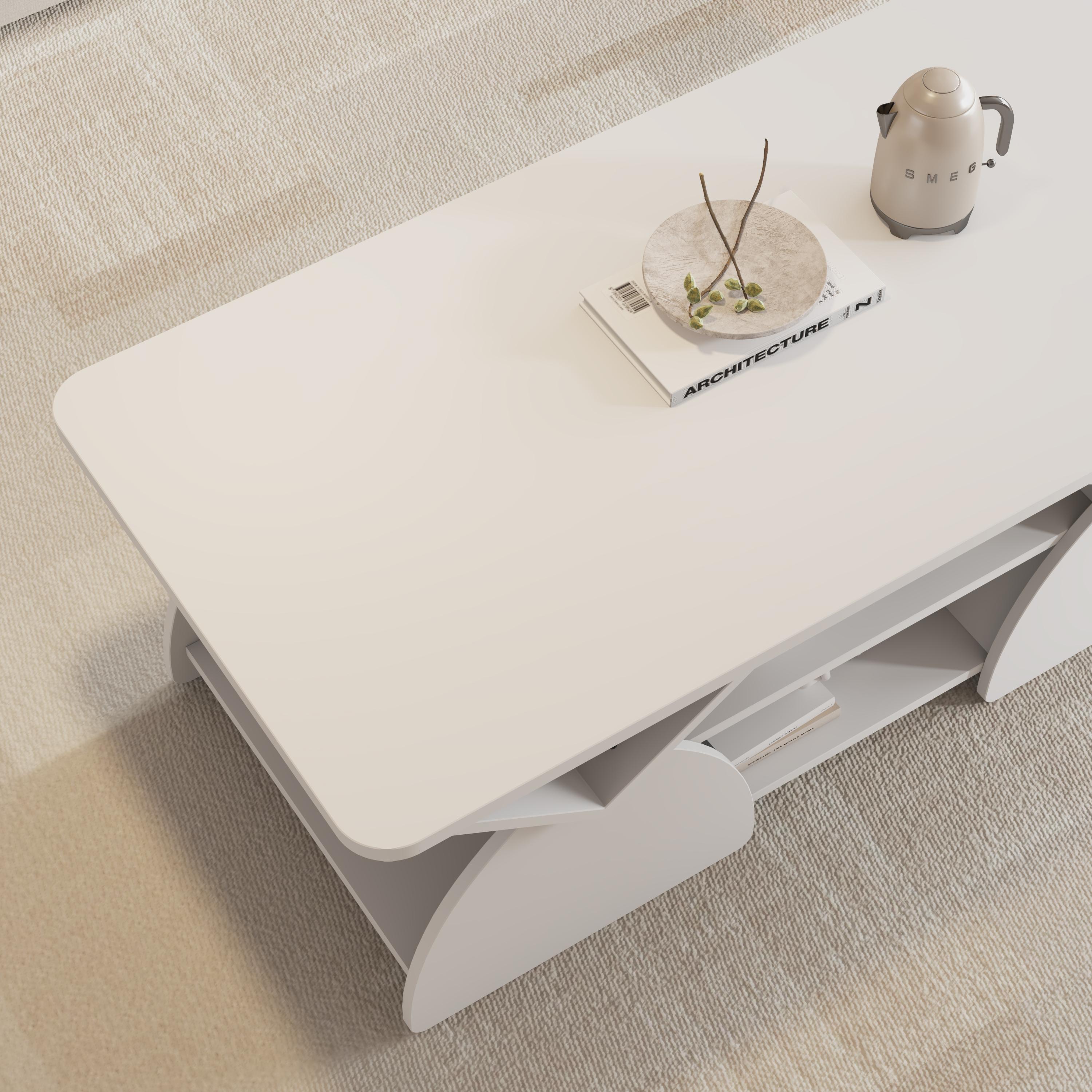 Engineered wood rounded corner rectangular coffee table for living room, easy assembly storage table with open shelves sturdy frame for Reception Room, Modern Coffee Table Geometric Design