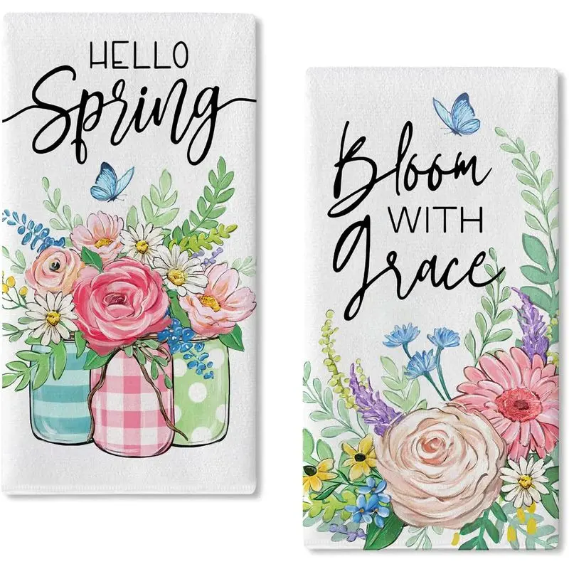2-Piece Hello Spring Themed Kitchen Towel Set, 16x24 inch Mason Jar Floral and Butterfly Print with English Slogan, Soft and Absorbent Farm-Style Dishcloths, Spring-Themed Housewarming/Birthday Gift.