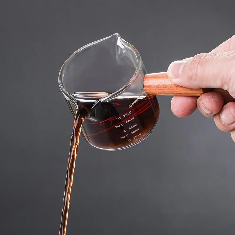 Glass Coffee Cup with Wooden Handle, Small Espresso Mug, Dual-Port Measuring Cup, Coffee Liquid Extraction Tool, Coffee Maker Accessory, Coffee Equipment