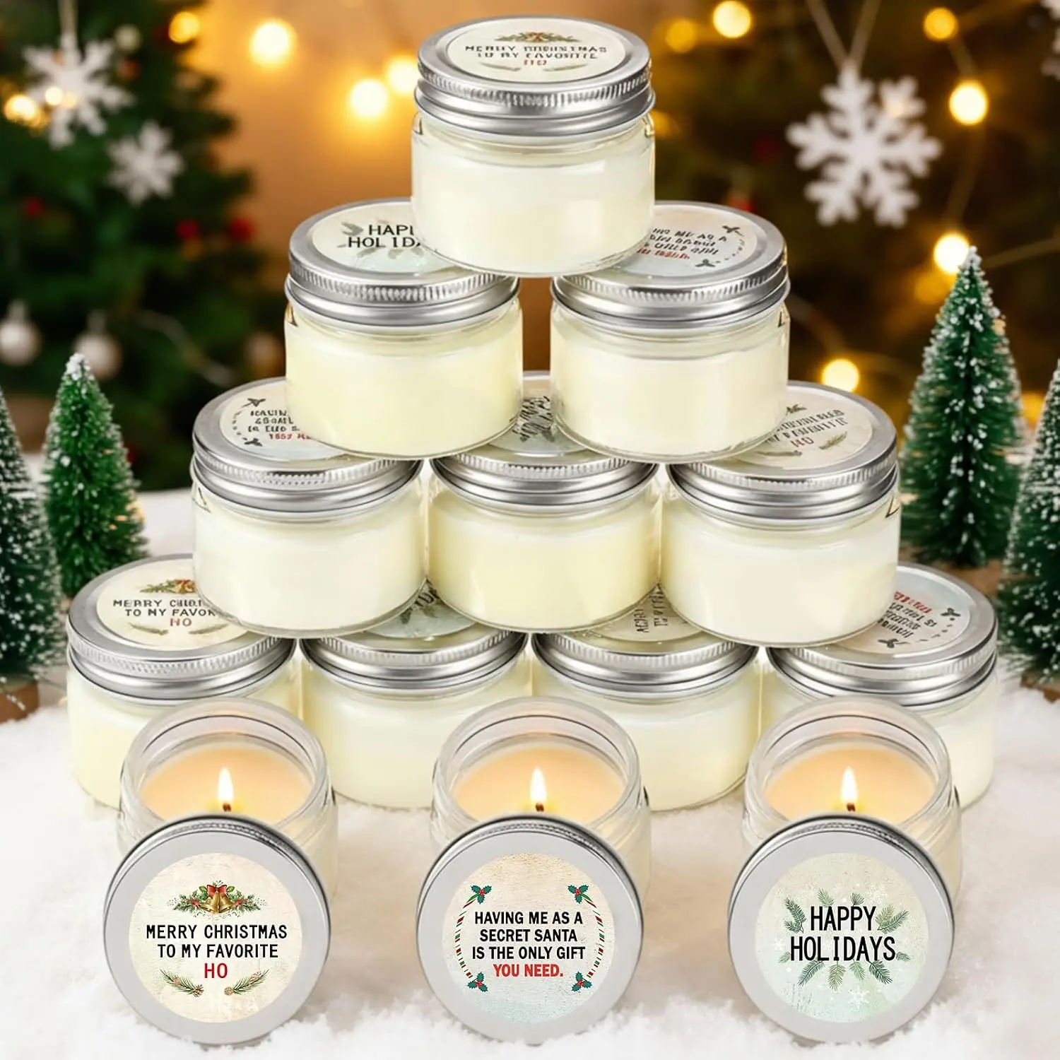 12-Count Small Size Durable Christmas Scented Soy Wax Mini Mason Jar Candles - Glass Light, Women's Holiday Gift Pack, Room Decor, Stocking Stuffers, Party Favors with Labels