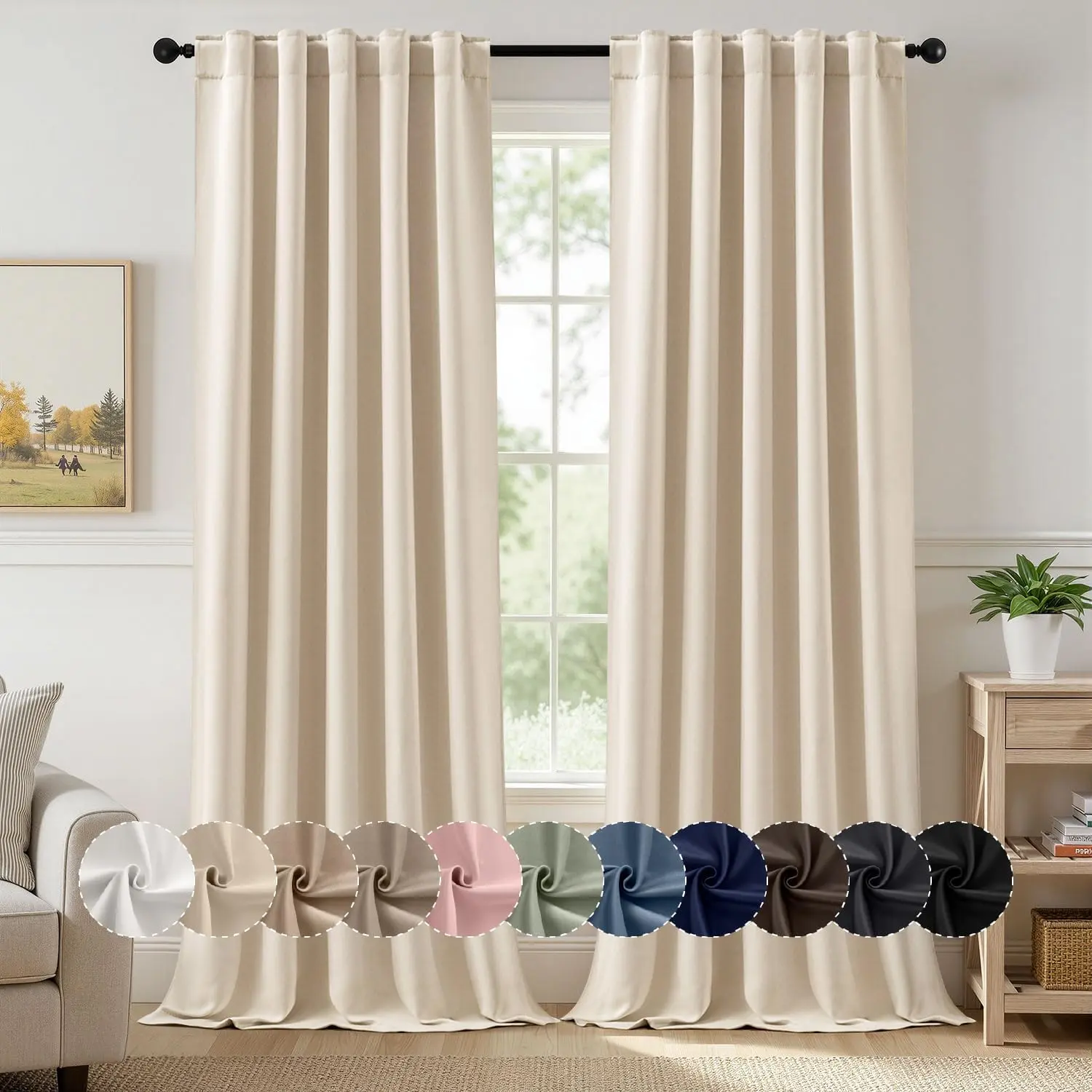 Beige Pleat Blackout Curtains 96 Inch Length 2 Panels Set for Bedroom Living Room Darkening Back Tab Rod Pleated Thermal Insulated Soundproof Curtains with, W40xL96