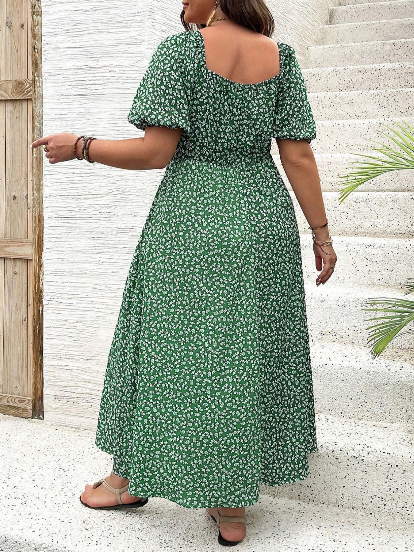 【Plus Size】 Ditsy Floral / All Over Print Split Thigh Dress. Casual Boho Bohemian Puff Sleeve Tie Front Dress. Women Plus Clothing Womenswear for Summer Daily Wear 【Plus Size】 Ditsy Floral / All Over Print Split Thigh Dress. Casual Boho Bohemian Puff Sleeve Tie Front Dress. Women Plus Clothing Womenswear for Summer Daily Wear