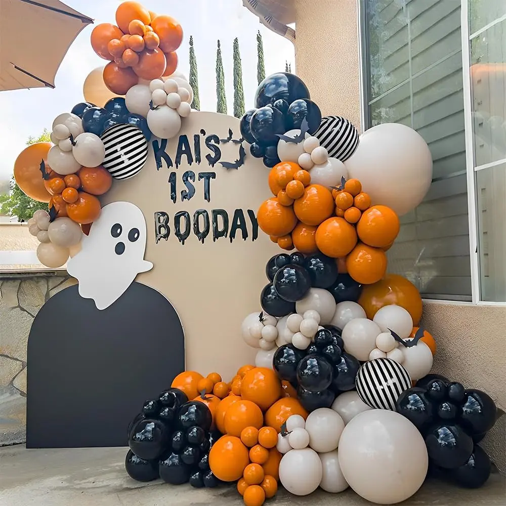 Halloween Balloon Arch Garland Kit 144PCS Burnt Orange Black Sand White Balloons with Striped Foil Balloons  Halloween Day Party Decorations