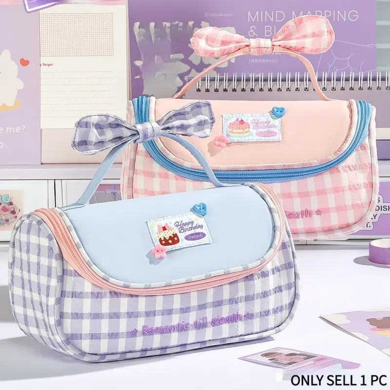 Cute Plaid Pencil Case with Bow Handle - Large Capacity Aesthetic Pen Bag, Preppy Kawaii Stationery Organizer for School Students Girls