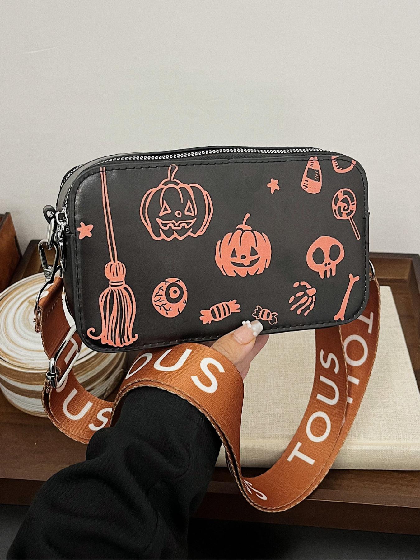 Skeleton & Pumpkin Pattern Crossbody Bag, Fashionable PU Leather Zipper Shoulder Bag for Women, Casual Trendy Versatile High-quality Daily Commuting Bag As Halloween Gift