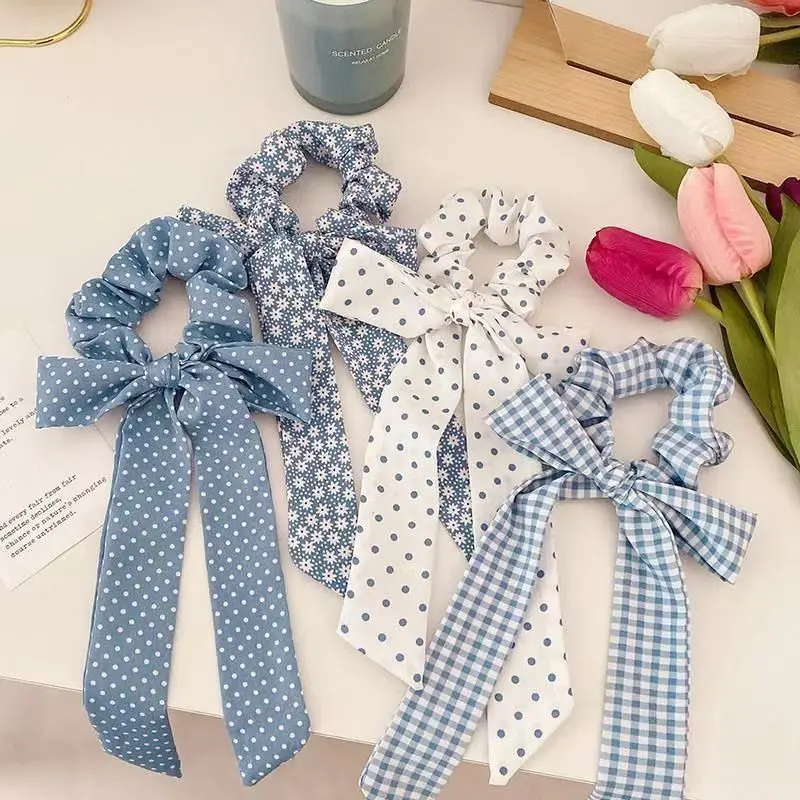 Vintage Fabric Scrunchies for Women, 4-Piece Set Featuring Plaid & Polka Dots Prints, Long Ribbon Bowknot Ties, Assorted Packaged Hairbands & Scrunchies, Long Ribbons, Female, Fashion Headbands