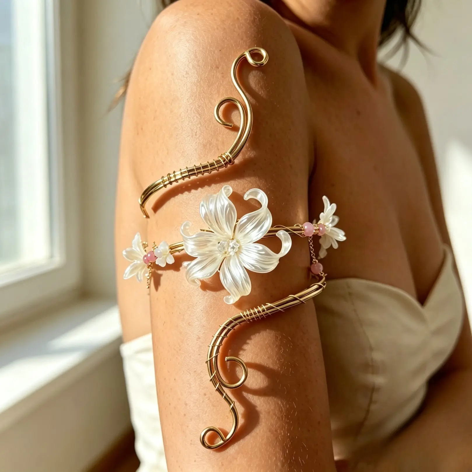French Lily Flower Armlet, Sweet Cool Style, Wrap Design, Resin Pearl Flower, No Wear Restriction, Unique Fashion Jewelry, Fashion Bracelet