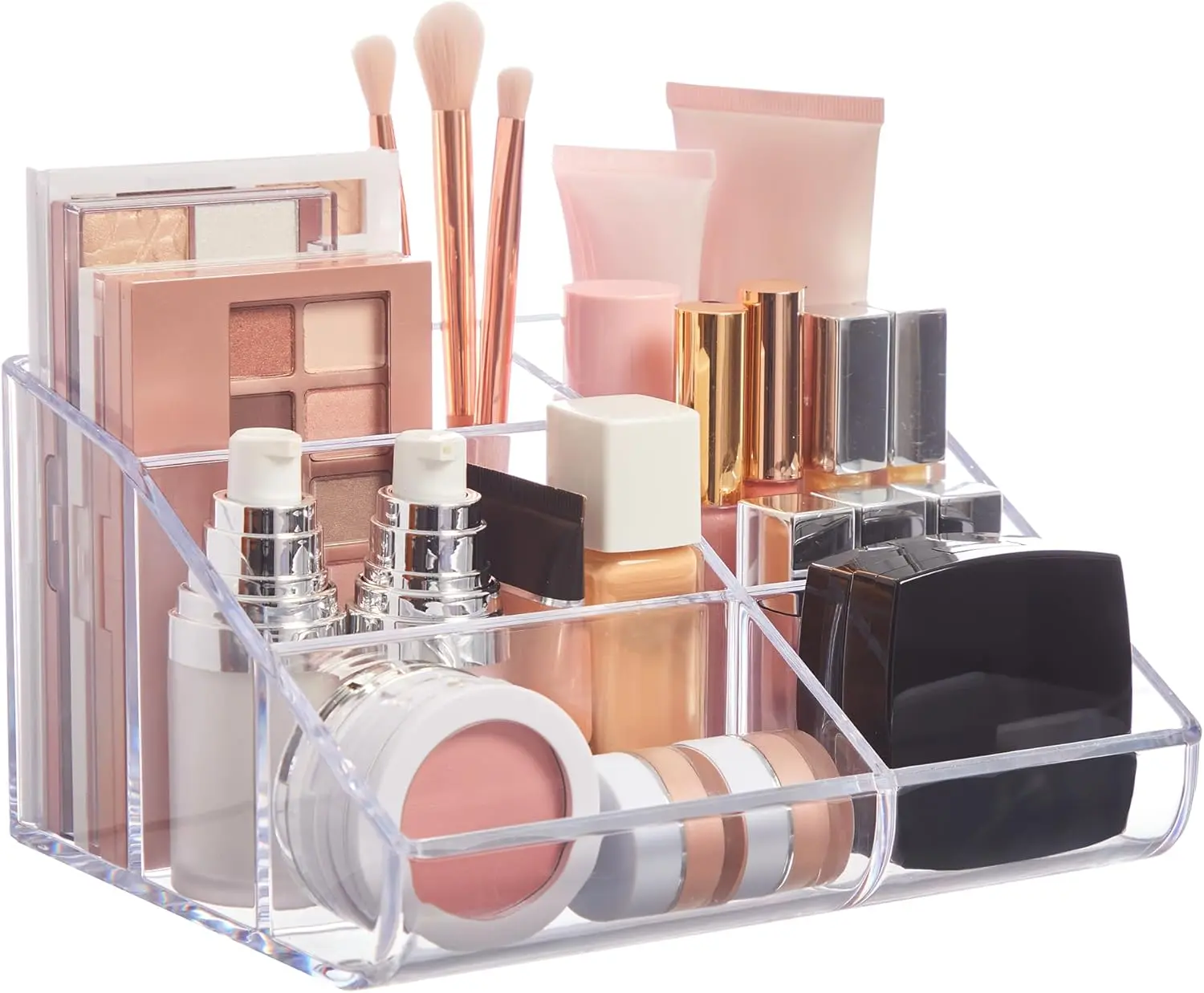 Clear Plastic Vanity Makeup Organizer |   6-Compartment Holder for Brushes, Eyeshadow Palettes, & Beauty Supplies |   Curved Front Design |   Made in USA
