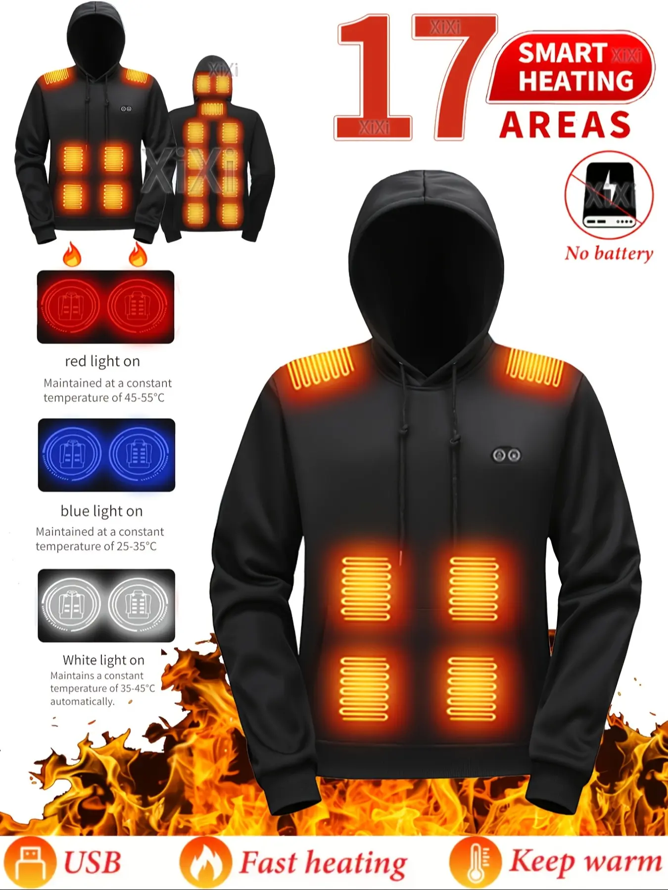Men's Heated Pullover Hoodie, USB Quick Heat Temperature Control, Winter Outdoor Skiing, Hunting, Hiking, Long Sleeve, Loose-Fit, Asymmetrical Design