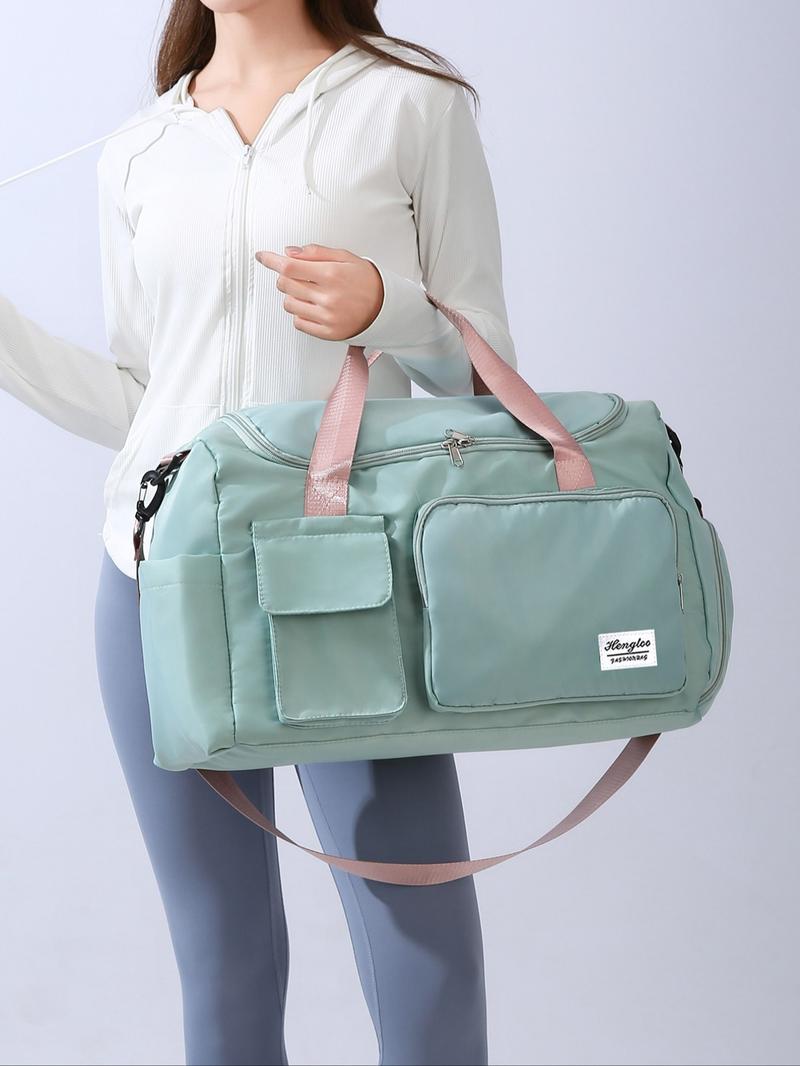 Women's Fashion Large Capacity Travel Bag, Solid Color Letter Patch Zipper Pocket Travel Bag, Casual Lightweight Travel Bag for Gym & Short Business Trips, Durable Travel Bag