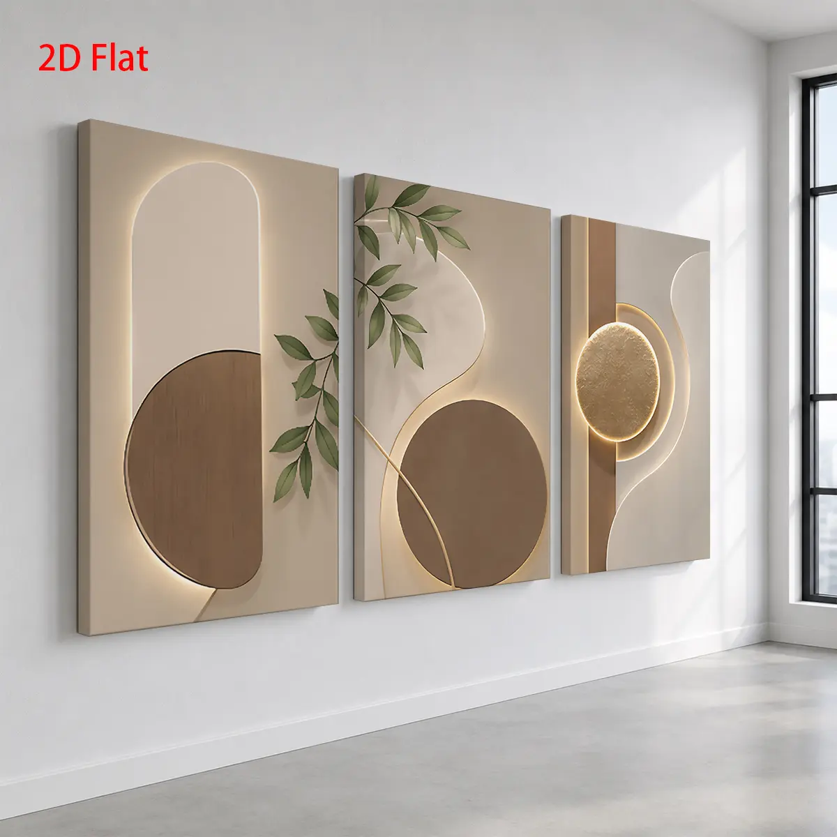 Decorative 3-Piece Wood-Frame Abstract Leaf & Neutral Glowing Circle 2D Flat Canvas Wall Art Set, Waterproof Prints, Ready-to-Hang Hanging Home Decor, Abstract Art Gift for Father's Day