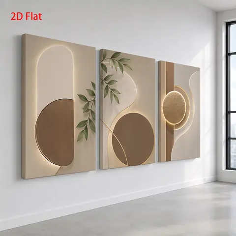 3-Piece Artistic Decorative Wood Frame Abstract Canvas Set - Waterproof Multi-Size Creative Design Print, Neutral Tones, Leaf & Glowing Circle Patterns, Ready-to-Hang Pictures Wall Decor Aesthetic for Bathroom, Bedroom Decoration