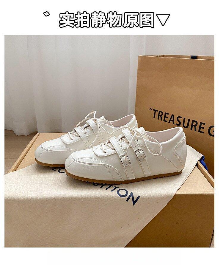 2026 Spring Collection: Patchwork Small Round-Toe Lace-Up Leather Shoes, Casual Ballet-Style Double Buckle Height-Increasing German Training Shoes