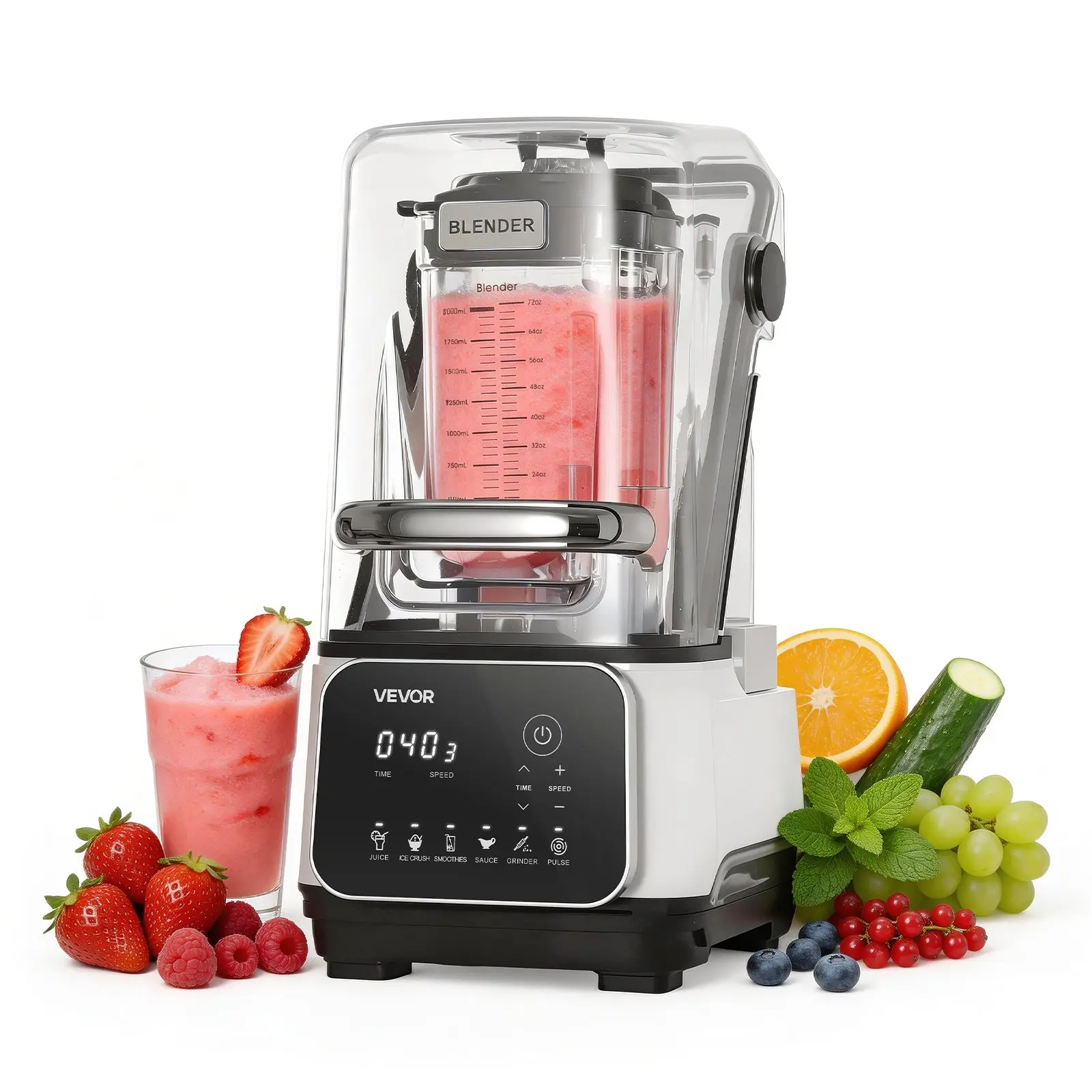 VEVOR Blender, 68 oz Professional Countertop Blenders with Shield, 1400W 26000RPM Kitchen Food Processor Combo, Self-Cleaning, Speed Adjustable, 6 Preset Menu for Smoothies, Ice Crushing, Puree, White