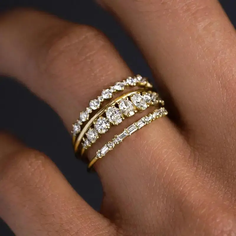 14K Gold Plated Luxurious Stackable Rings Set, 4Pcs Women Rings, Non Tarnish Engagement Wedding Bands Dainty Cubic Zirconia Wedding Ring Set, Trendy Statement Promise Thumb Rings Stacking Size 6-10