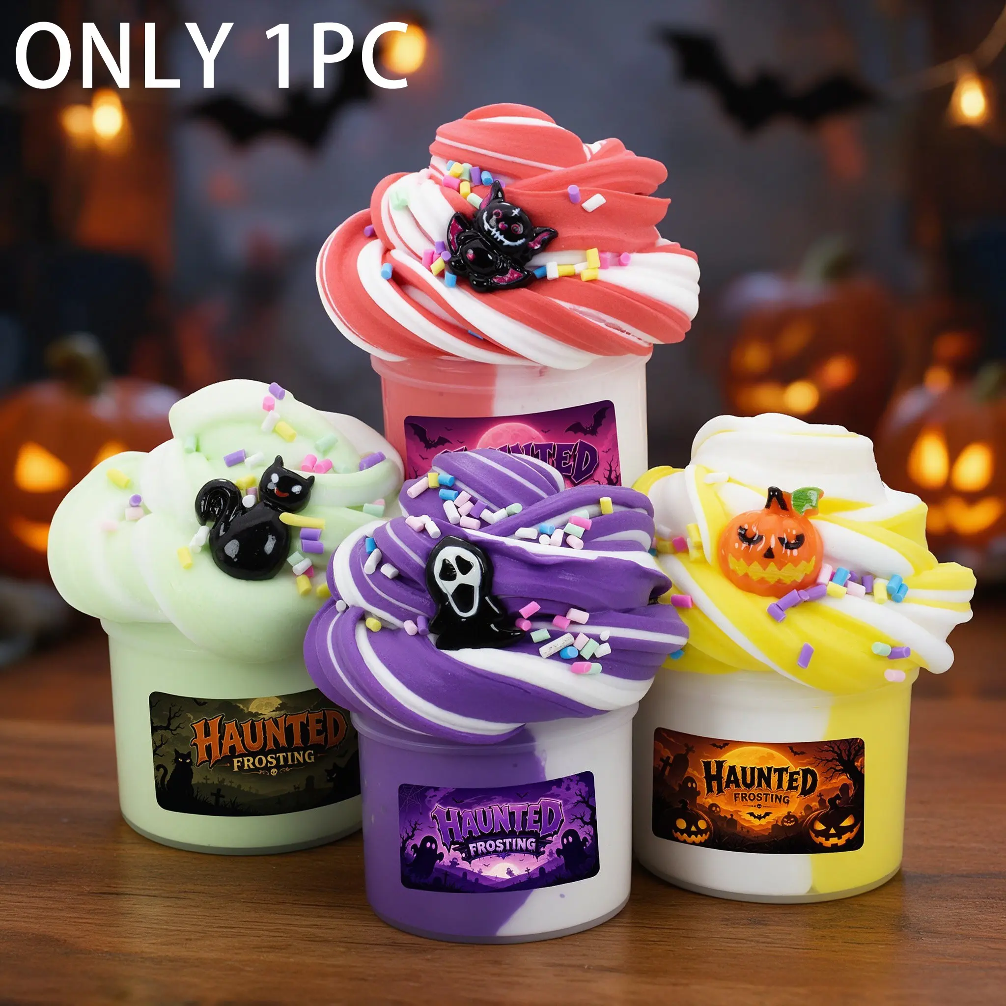 Halloween Butter Slime Set for Kids, Soft & Stretchy Two-Tone Fluffy Slime with Cat, Bat, Ghost & Pumpkin Charms, Non-Sticky & Non-Toxic Sensory Squeeze Slime Toy, Halloween Party Favors