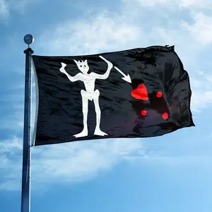 Blackbeard Edward Teach Pirate Flag - Black Jolly Roger Banner with White Skeleton, Red Heart & Arrow Design, 2*3ft & 3*5ft, for Pirate Fans, Halloween, Indoor & Outdoor Decor