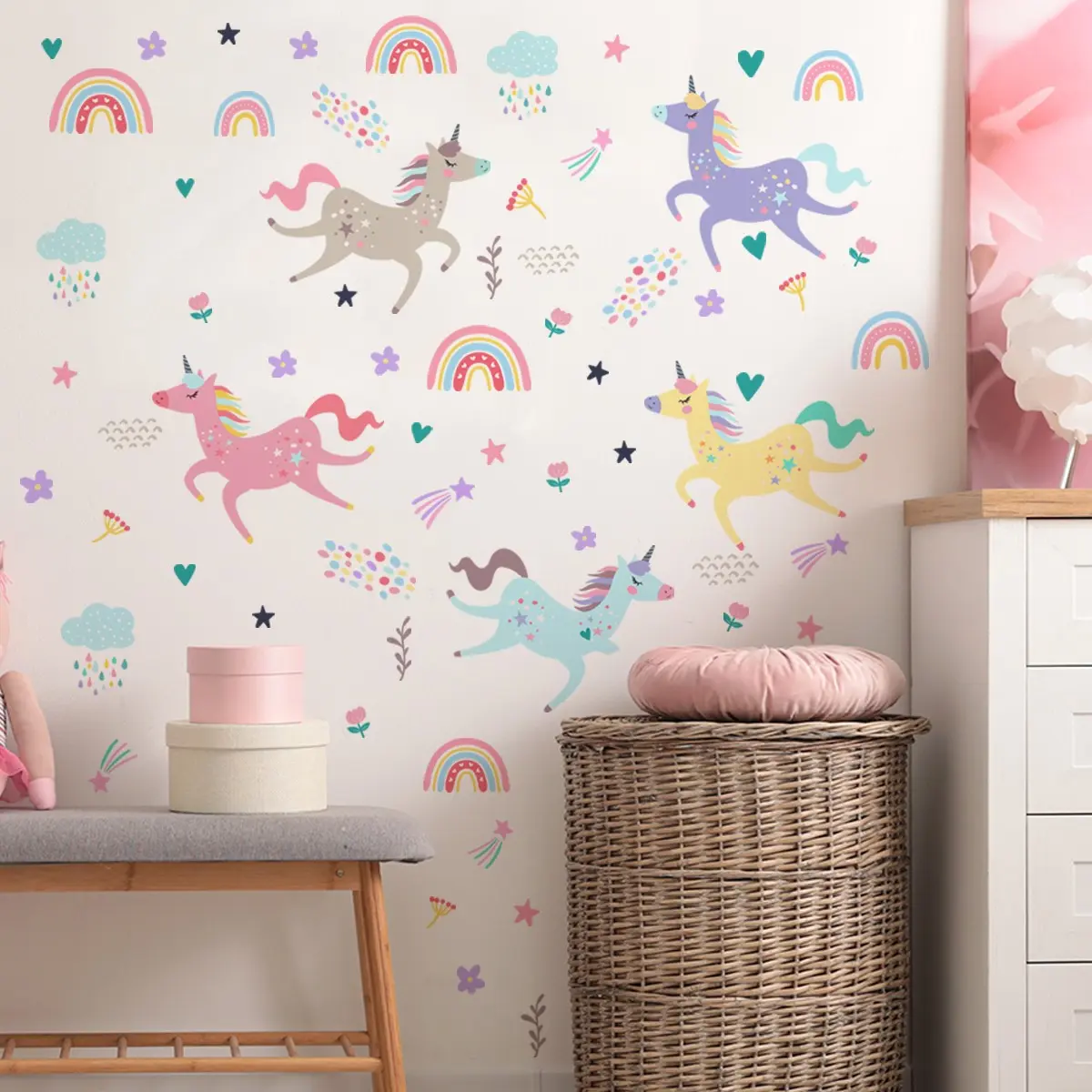 A set of 6 pieces (20*30cm*6pcs) Unicorn Rainbow Cloud Flower Love Wall Stickers for Living Room, Bedroom, Home Background Decoration Cute Wall Decor B13510-KN Decoration Items Decorative Wall Sticker