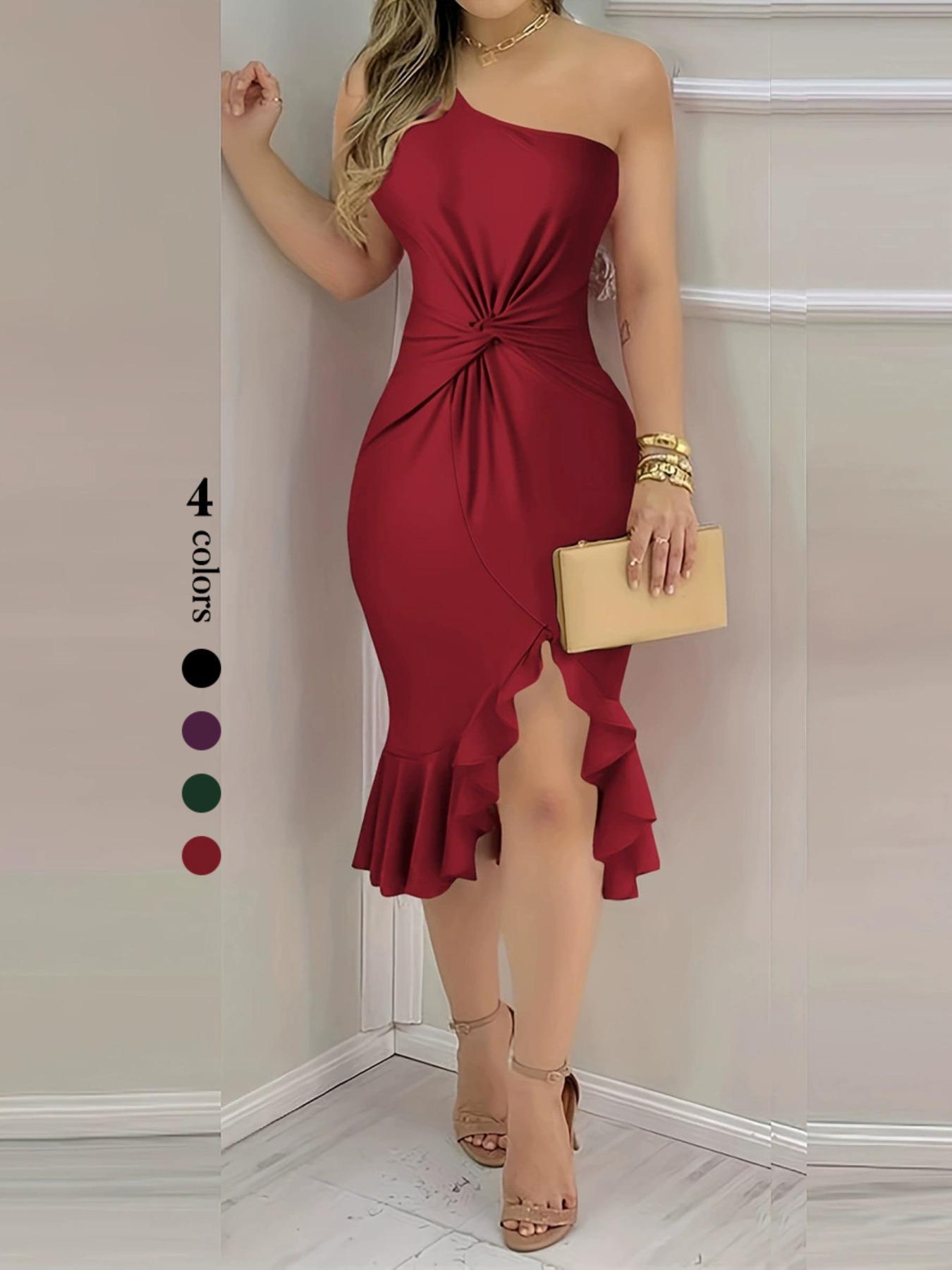 Women's Plain Twist Ruched Ruffle Hem One Shoulder Bodycon Dress, Elegant Sleeveless Split Thigh Midi Dress for Party Club Dating Wear, Ladies Summer Clothes, Formal Wear, Womenswear