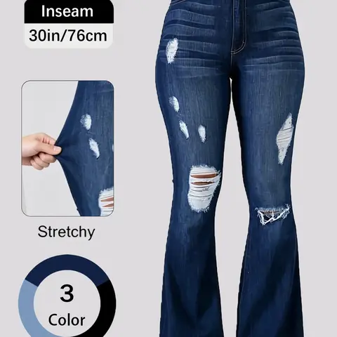Fashionable Vintage Denim Flare Pants, Elegant High Waist Fit with Elastic Pockets, Ripped Design, Button Closure, All-Season Women's Jeans
