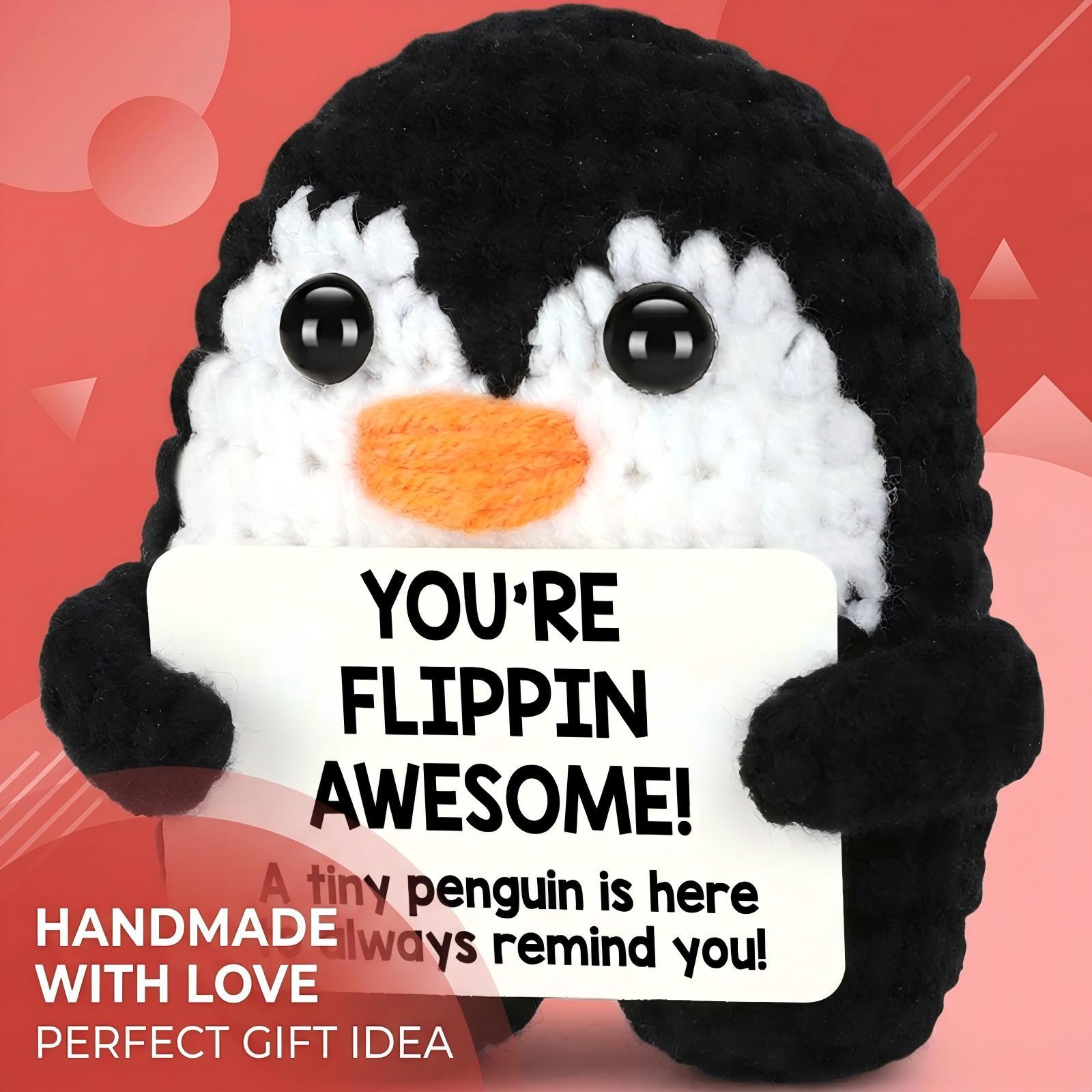 Handcrafted Soft Knit Penguin Stuffed Toy, Squishy Stress Reliever Desk Decor, Cute Bag Accessory Keychain Ornament, Unique Handmade Gift for Birthday Christmas Graduation Mother’s Day Teacher’s Day Party Favors, Small Kawaii Plush for Home Office Nursery