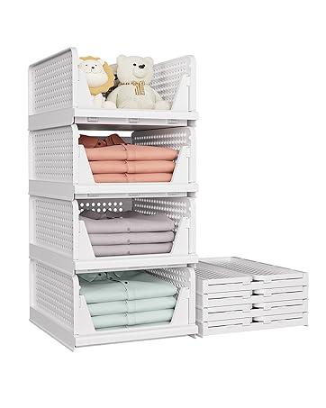 7CODE 5 Pack Stackable Closet Storage Basket, Multifunctional & Foldable Closet Organizer for Bathroom Kitchen Laundry Room Wardrobe Storage, Space-Saving Clothes Storage Drawer Organizer, White