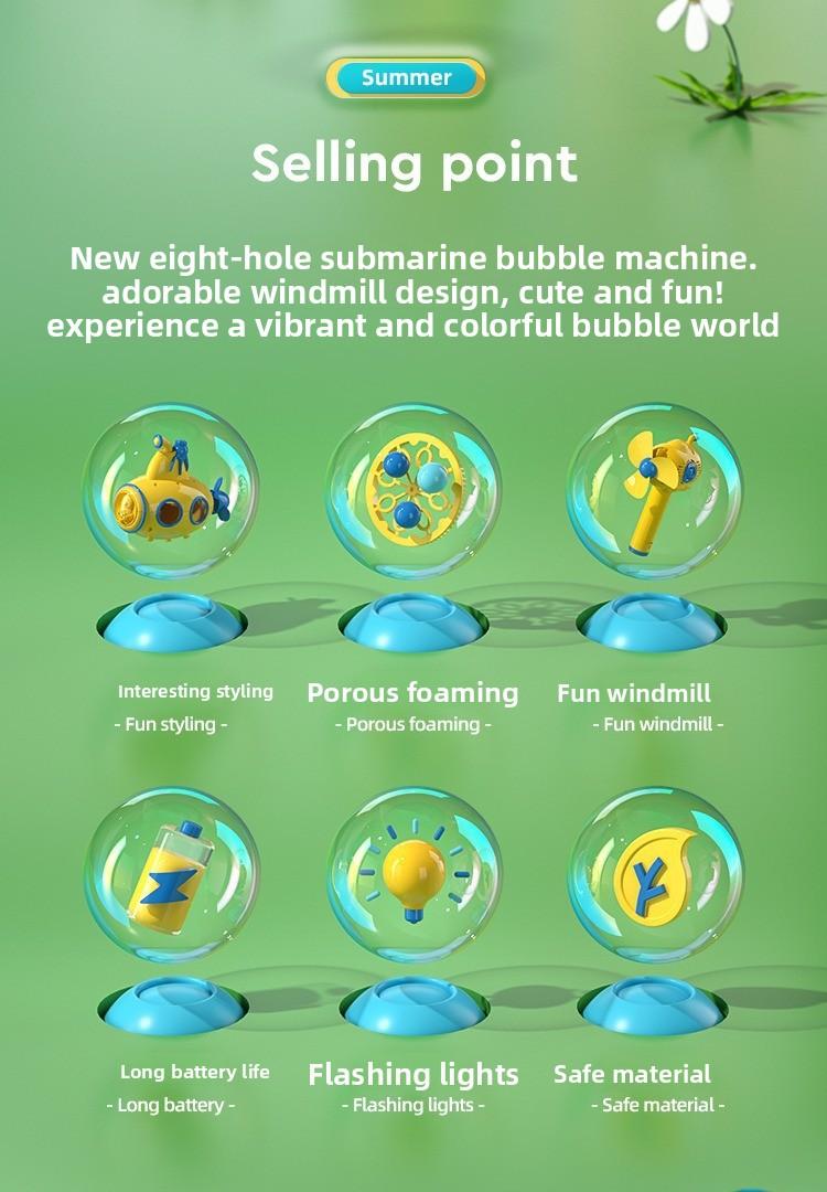 Submarine Automatic Handheld Bubble Machine with 8-Hole Turbo Blasting LED Lights & Windmill,Summer Outdoor Toys for Toddler Kids - Garden Yard Party Bubble Fun