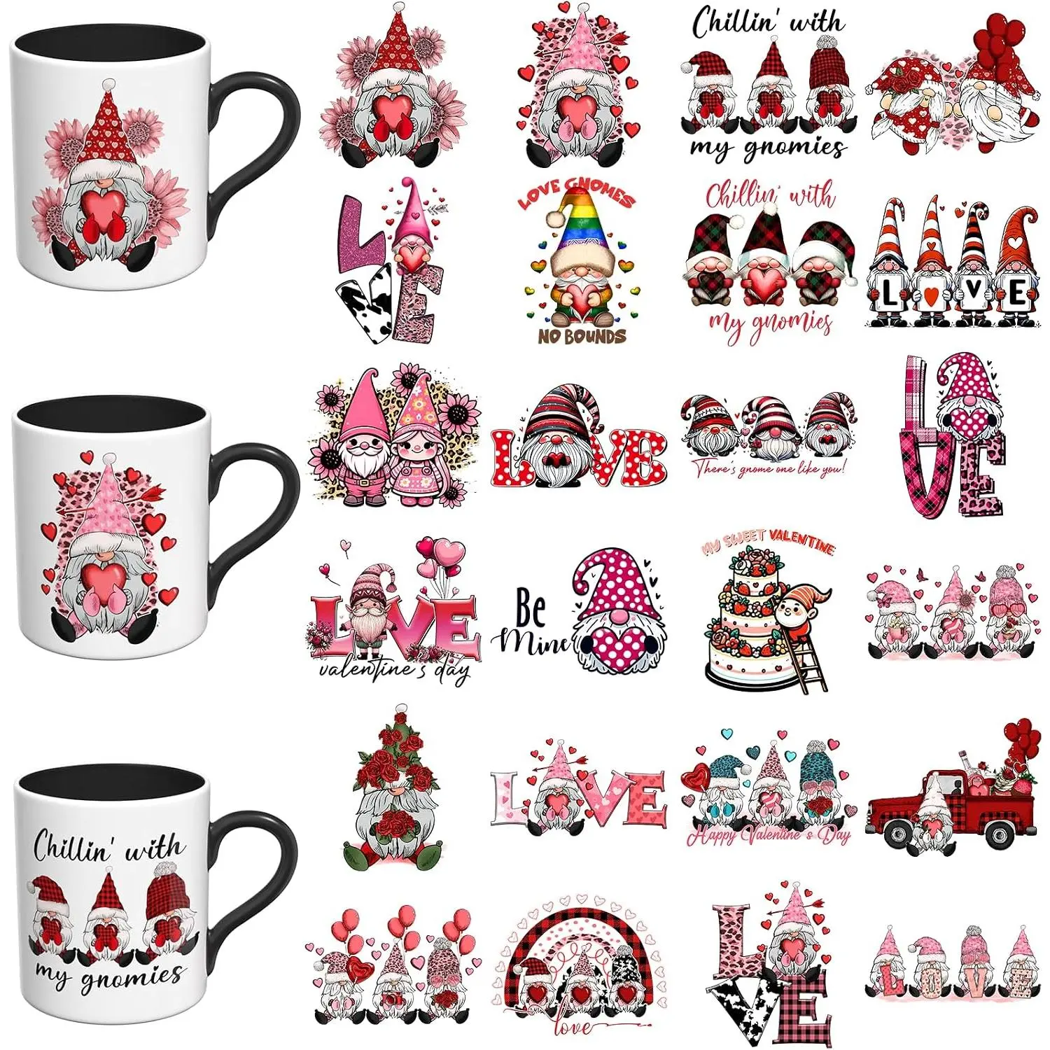 24 count Valentine  UV DTF Stickers | Durable no-heat cold UV DTF cup wrap for ceramic mugs and coffee cups.for DIY crafts and drinkware decoration
