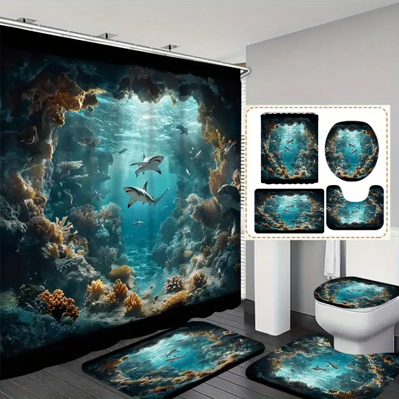 The 1/4pcs Shower Curtain Set Shows Scenes Such As Coral Reefs Surrounding Underwater Caves And Swimming Sharks. The Following Titles Are For Your Reference: 1 Exploring Deep Sea Caverns: The Dream Realm Of Sharks And Corals 2 Deep Sea Cave