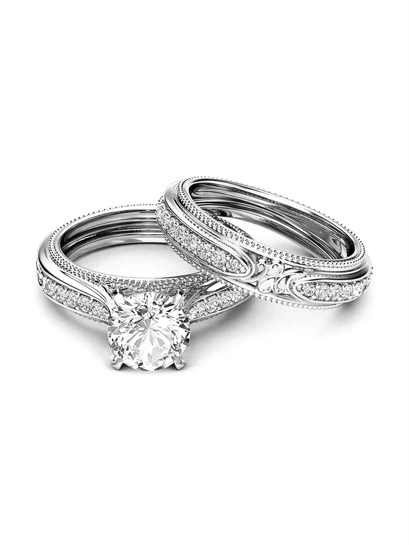 2 Pcs/Set Classical Cubic Zirconia Artificial Gemstone Ring Set For Women For Wedding Engagement Anniversary Party Band Jewelry Valentine's Day Gift