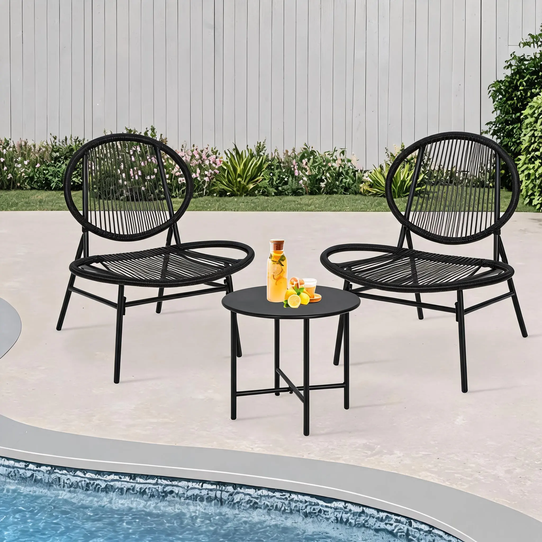 3-Piece Outdoor Acapulco Bistro Set for 2 with Round Coffee Table & 2 Chairs, All-Weather Use Patio Furniture, Boho Rattan Balcony Set, Rust-Proof Metal Frame, Easy Move, Space-Saving for Small Apartment, Yard, Weight Capacity