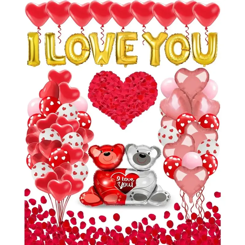 Valentines Balloon Kit Decor with I Love You Balloons, Heart Balloons with 1000 count Silk Red Rose Petals for Valentines Day Decorations Romantic Proposal Wedding Anniversary Decorations