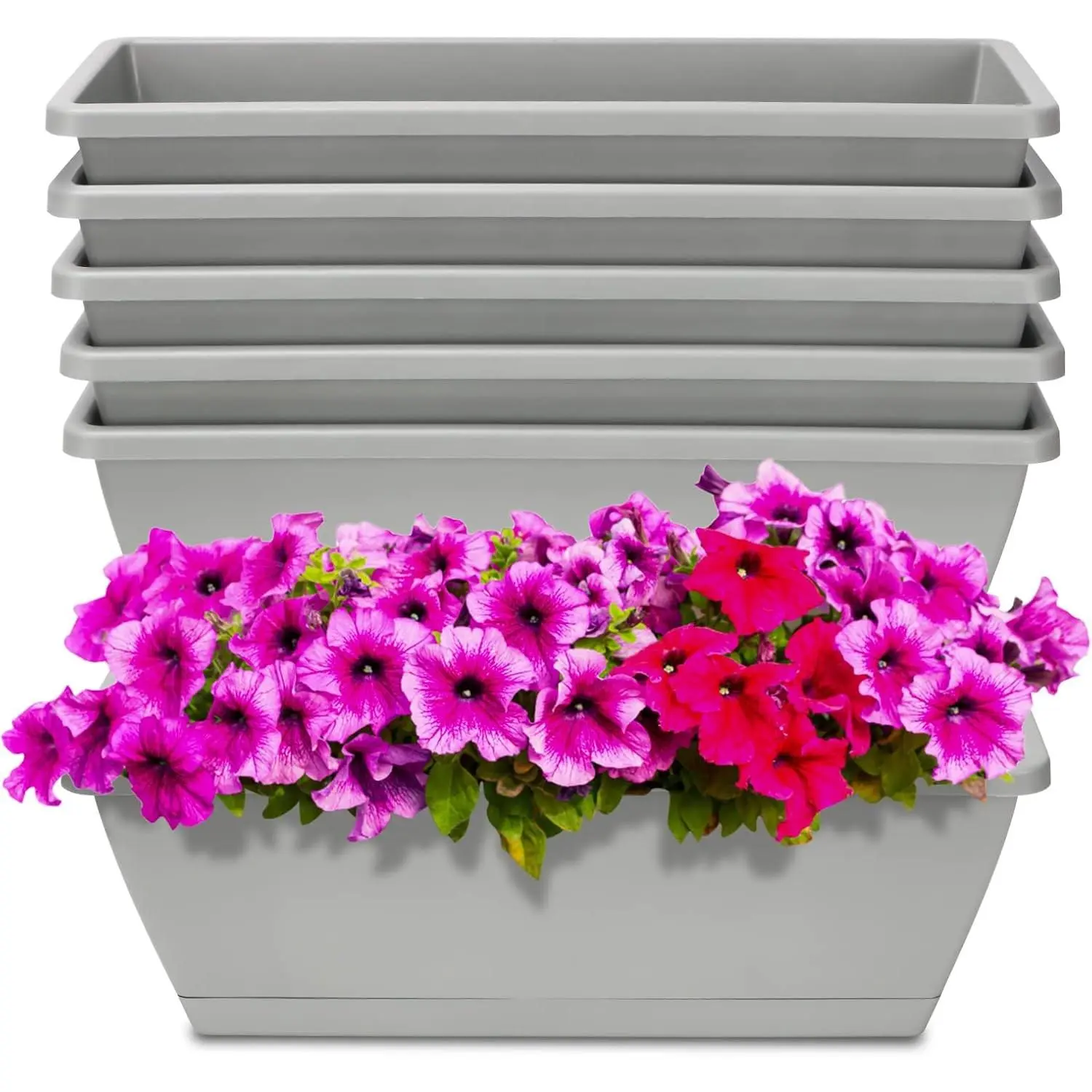 Window Box Planter, 6 Packs 17 Inches Rectangle Planters Box with Drainage Holes and Trays, Vegetable Planters for Windowsill Patio Garden Home Decor Porch Yard Light Gray