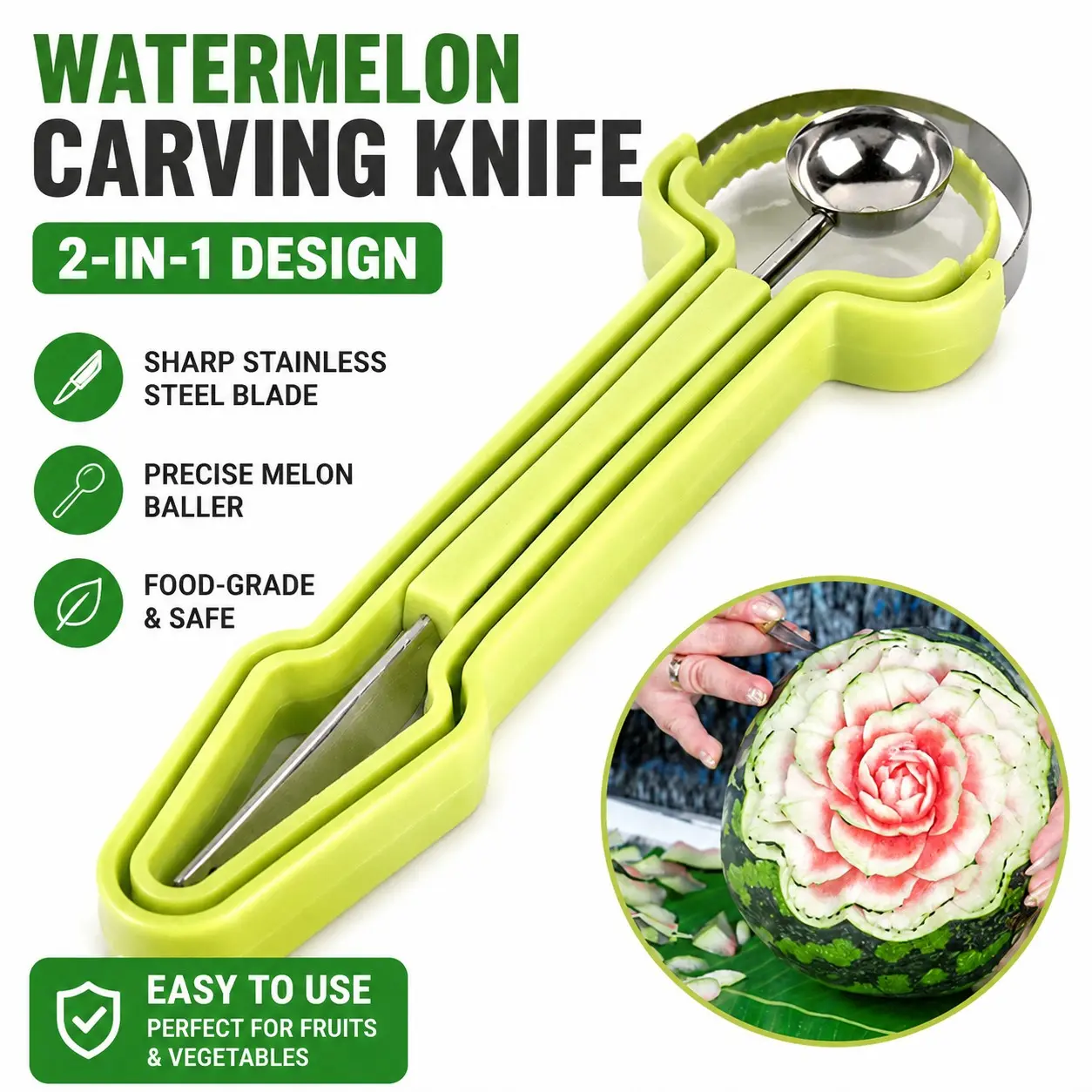 Three-In-One Fruit Carving Knife Set, Stainless Steel Fruit Ball Cutter, Watermelon Spoon Tool, Complete Fruit Decoration Kit