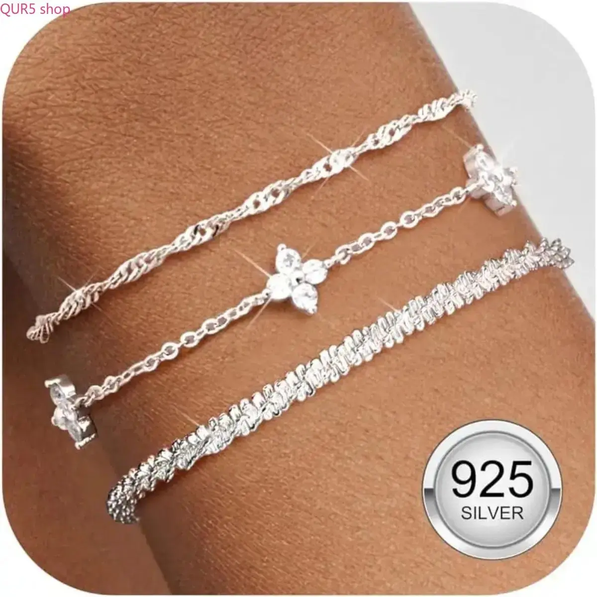 3 Pack 14K Gold Plated Bracelet Set for Women, Layerable Silver Tone Link Chain & Sparkling Zirconia Bead Jewelry, Dainty Stackable Wrist Accessories, Minimalist Elegant Ornaments for Everyday Matching