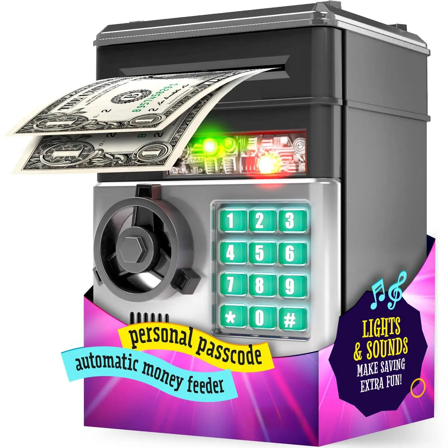 Piggy Bank for Boys Adults, Electronic ATM Coin Cash Bank with Password Code Lock and Auto Grab Bill Slot, Large Capacity Coin Bank Money Jar for Adults, Money Box, Designed for All US Coins, Capacity 10000+