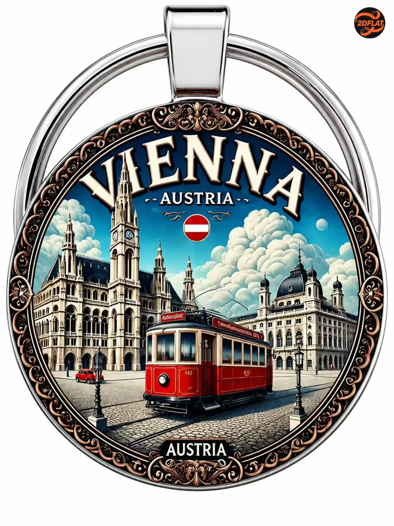 Vienna Style Keychain, Romantic Tram Scene & Historical Buildings, Austrian Travel Souvenir Gift, Durable Metal Tag, Perfect for Men, Fathers, Travelers