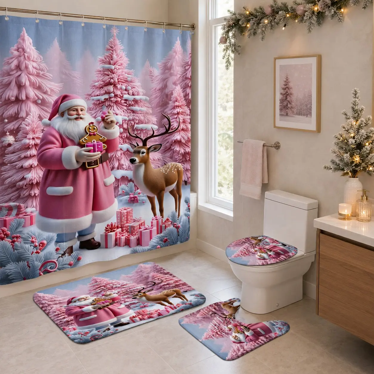 4pcs Winter Wonderland Santa Claus Reindeer Christmas Tree Shower Curtain Set, Holiday Bathroom Decor, Tiktok Shop Trending