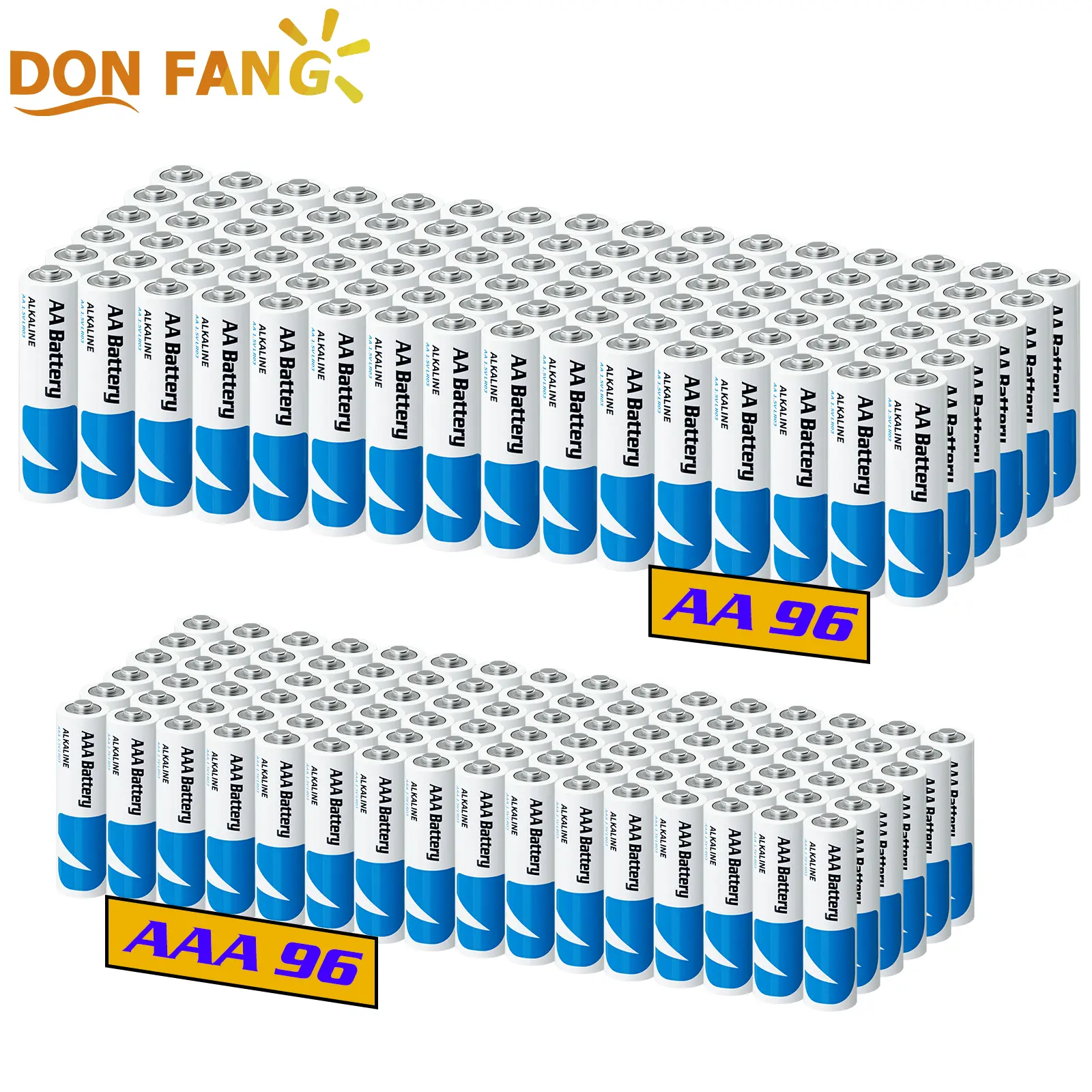 DON FANG Alkaline Battery Pack (96 AA + 96 AAA), 1.5V high-performance batteries for remote controls, clocks, and keyboards — value pack combo